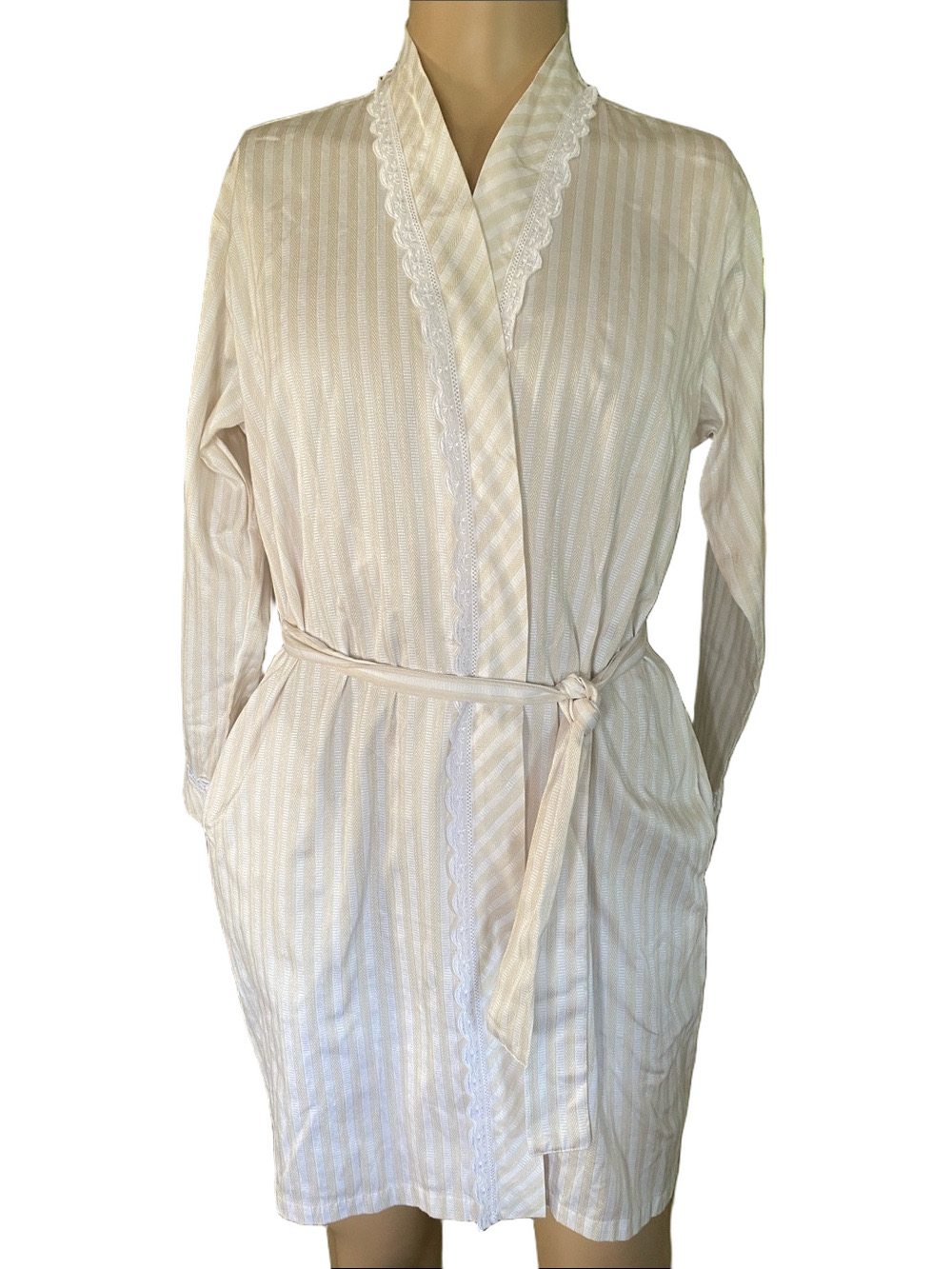 Eileen West Cream and White Striped Cotton Robe with Lace Trim